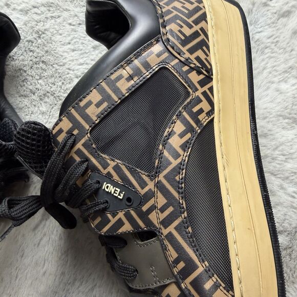 Fendi Black Brown FF Leather and Mesh See Through Lace Up Sneakers Size 10 AUTH main image 4